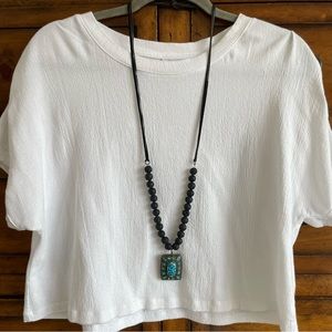 🌵Necklace turquoise pendant with black beads and leather straps